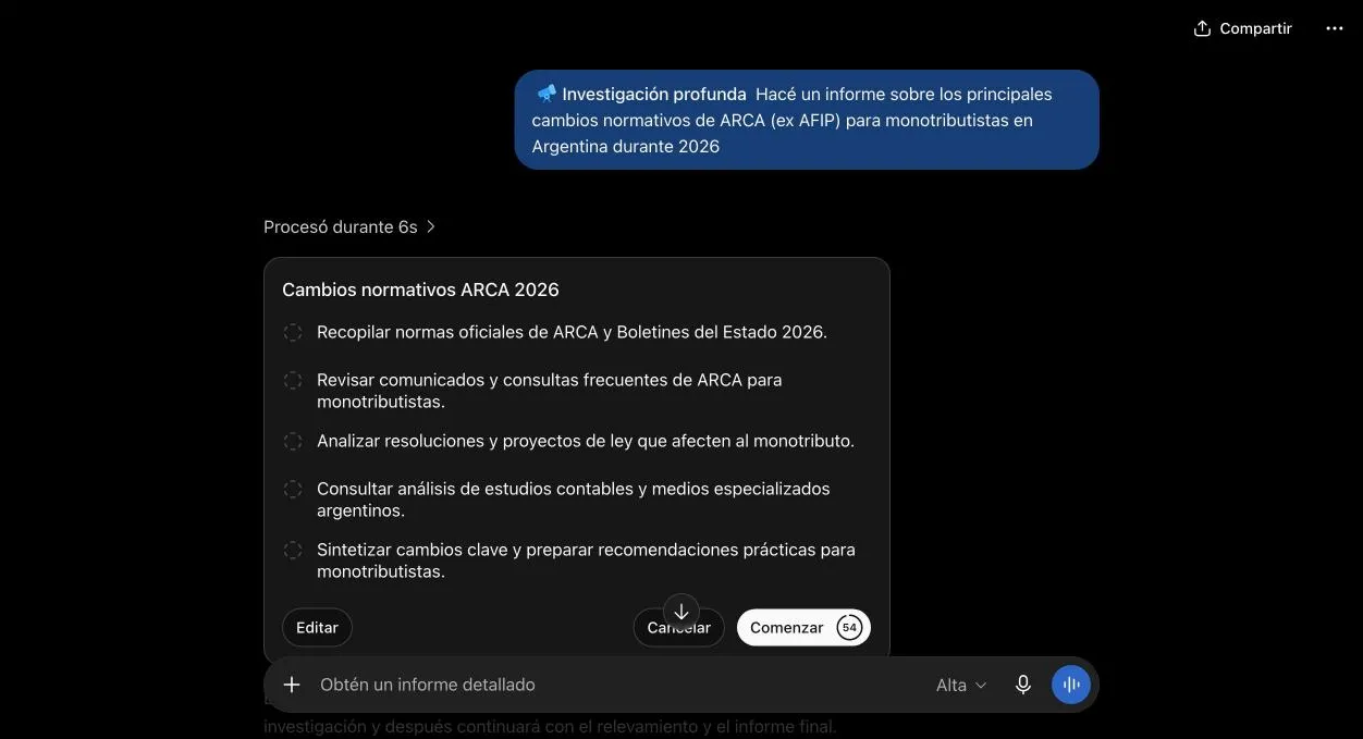 Plan de investigación de ChatGPT con cinco pasos antes de empezar: recopilar normas oficiales de ARCA, revisar comunicados, analizar resoluciones, consultar estudios contables y sintetizar los cambios.