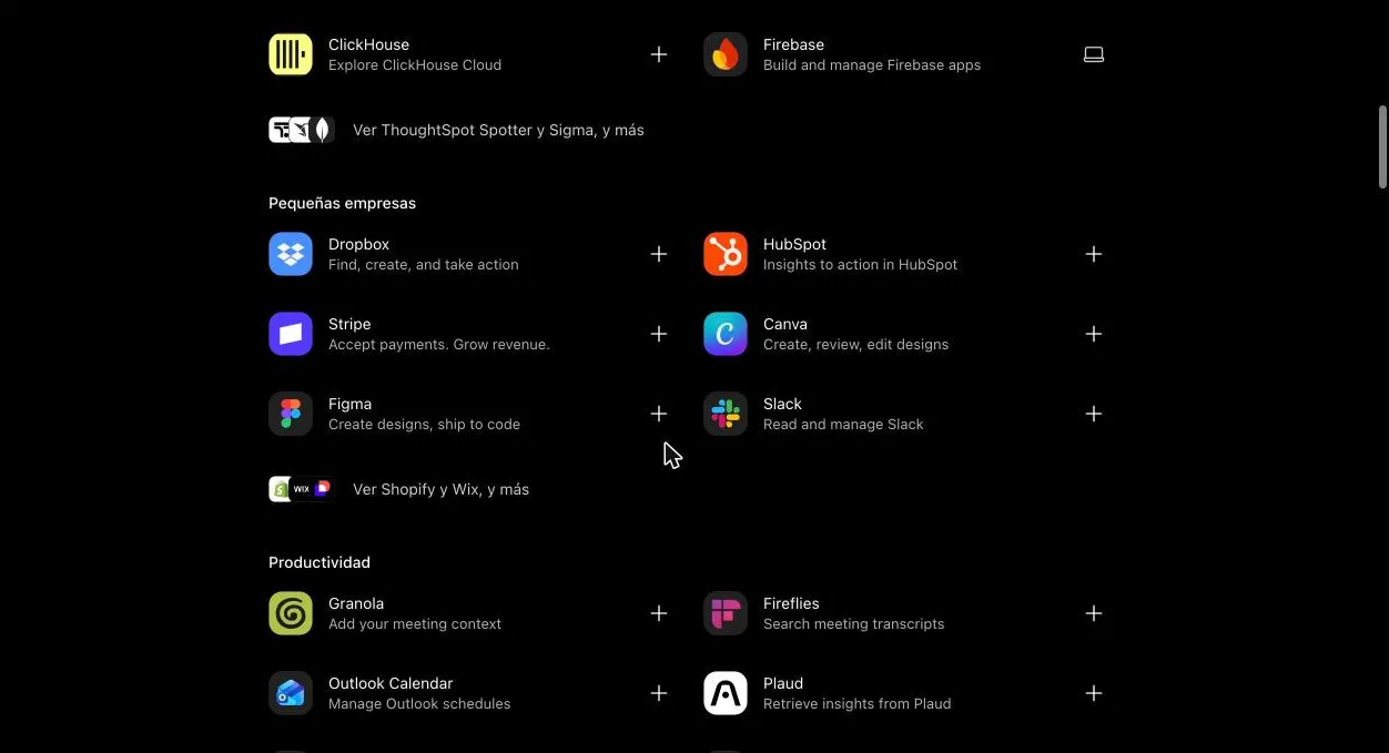 Sección "Pequeñas empresas" de Complementos con Dropbox, HubSpot, Stripe, Canva, Figma y Slack, y la sección Productividad con Granola, Fireflies y Outlook Calendar.