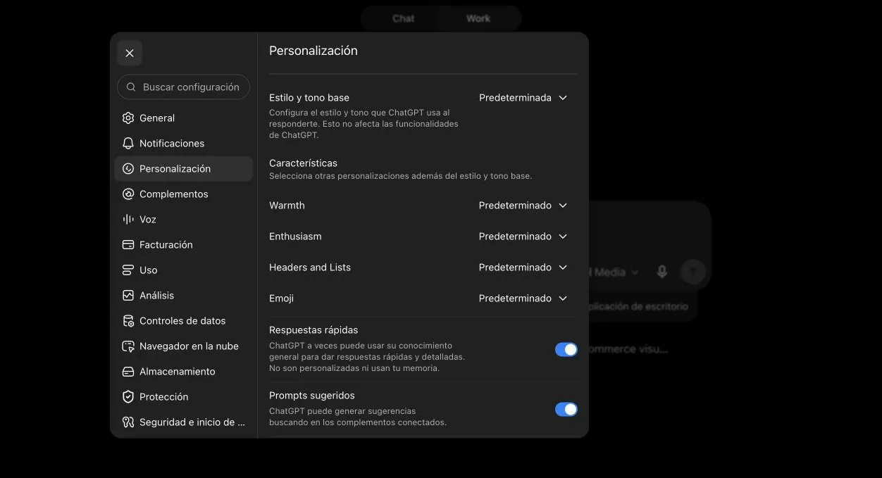 Pantalla de Personalización de ChatGPT con Estilo y tono base, y las características Warmth, Enthusiasm, Headers and Lists y Emoji, cada una con su selector.