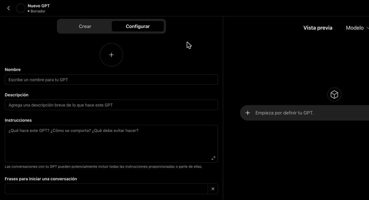 Editor de GPT de ChatGPT vacío, con los campos Nombre, Descripción, Instrucciones y Frases para iniciar una conversación.