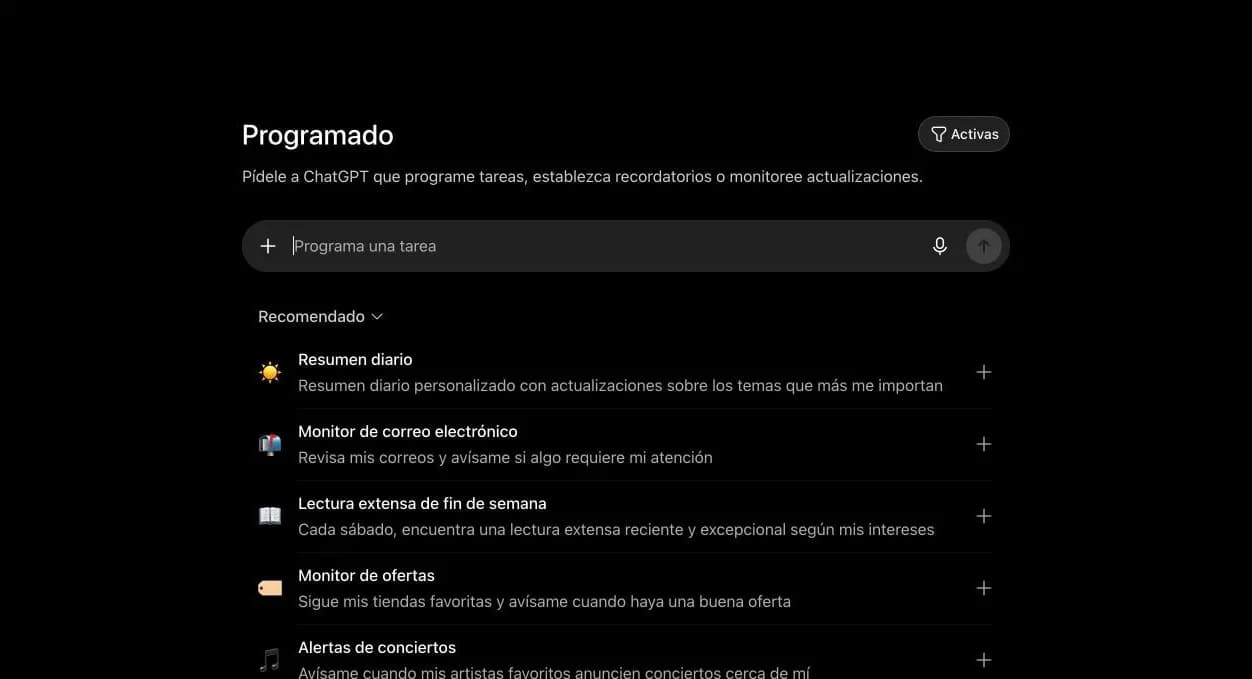 Pantalla "Programado" de ChatGPT con tareas sugeridas: Resumen diario, Monitor de correo electrónico, Lectura extensa de fin de semana, Monitor de ofertas y Alertas de conciertos.