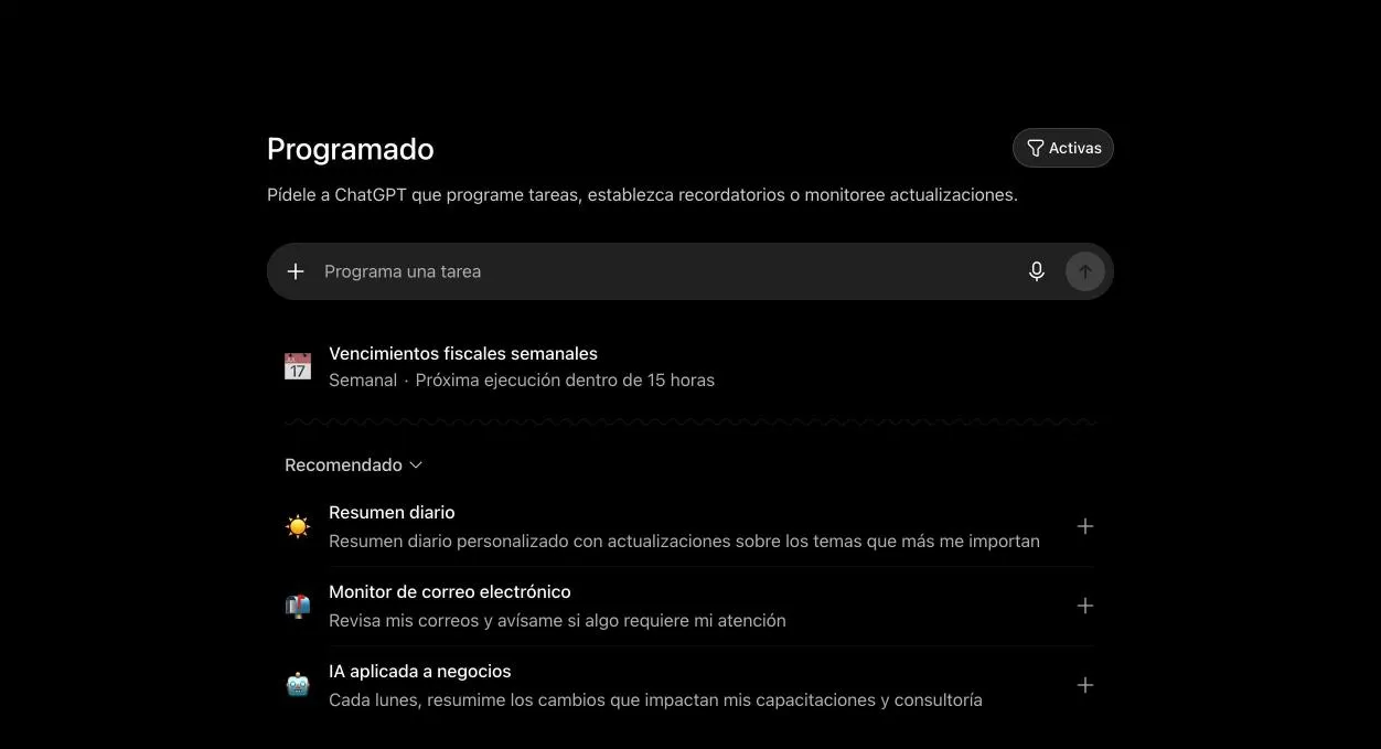 Lista de tareas programadas de ChatGPT con "Vencimientos fiscales semanales · Semanal · Próxima ejecución dentro de 15 horas".