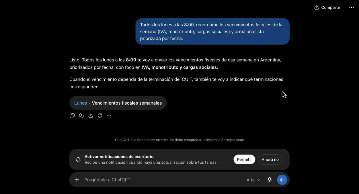 Confirmación de ChatGPT de la tarea programada, aclarando que cuando el vencimiento dependa de la terminación del CUIT también va a indicar qué terminaciones corresponden, con la etiqueta "Lunes · Vencimientos fiscales semanales".