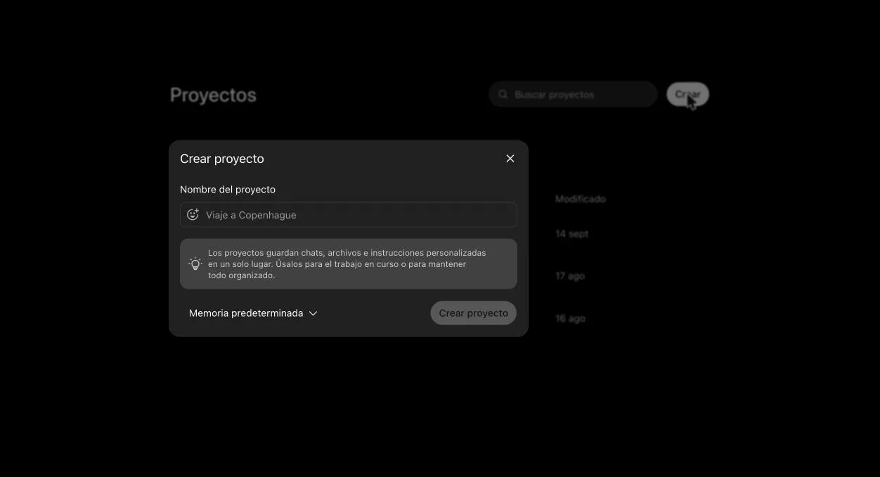 Modal "Crear proyecto" de ChatGPT con el campo Nombre del proyecto vacío y la explicación de que los proyectos guardan chats, archivos e instrucciones personalizadas en un solo lugar.