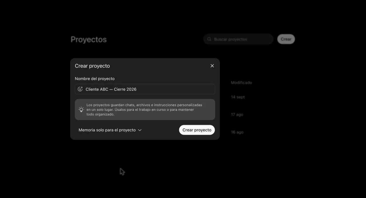 Modal "Crear proyecto" con el nombre "Cliente ABC — Cierre 2026" y la opción "Memoria solo para el proyecto" ya seleccionada.