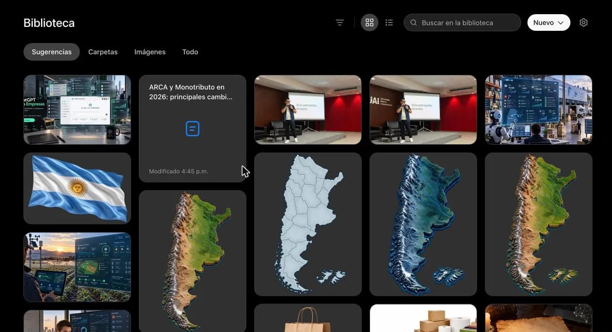 Pantalla de Biblioteca de ChatGPT con contenido mixto: imágenes generadas y el documento de investigación profunda "ARCA y Monotributo en 2026".
