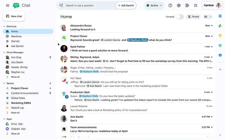 Ask Gemini dentro de una conversación de Google Chat: la barra de comandos busca archivos y correos y devuelve el resultado en el propio hilo