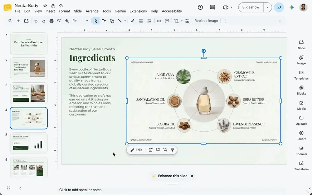 Google Pics editando una diapositiva dentro de Google Slides: se selecciona un bloque de texto puntual de la pieza, aparece la opción de editarlo y se aplica el cambio sin rehacer el resto de la composición