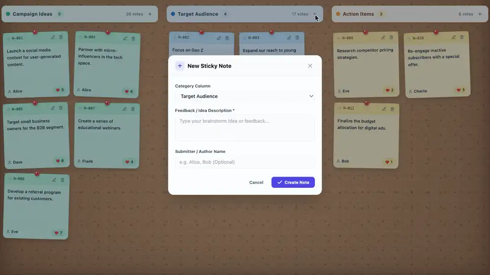 Tablero colaborativo de ideas por columna, con votos por tarjeta, generado con Sheets Canvas desde una planilla